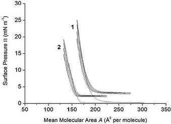 Four successive compression–expansion P–A cycle isotherms of calixarene derivatives 1 and 2 spread on pure water, pH 5.6, at 20 °C. Compression rate: 5 mm min−1 (3.25 cm2 min−1).