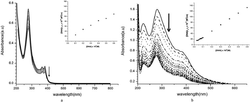 UV-vis absorption spectra of (a) [Complex 3] = 10 μM in the absence and in presence of increasing amounts of DNA = 0–100 μM., (b) [Complex 6] = 10 μM in the absence and in presence of increasing amounts of DNA = 0–100 μM. Arrow shows the absorbance changes upon increasing DNA concentration.