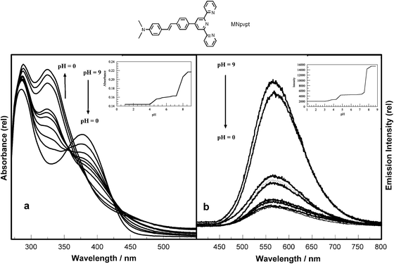 Effect of pH on the (a) absorption and (b) emission spectra of MNpvpt (λex @ 355 nm). Inset (a) shows the plot of absorbance at 380 nm versus pH 0–10 and (b) shows emission intensity at 562 nm versus pH.