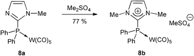 N-Methylation of the neutral tungsten(0) complex 8a to the carbeniophosphine complex 8b.28