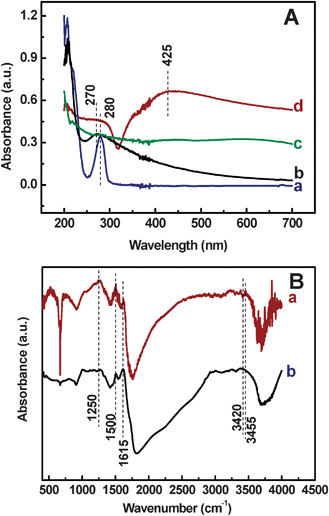 (A) UV-vis spectra of the DA (a), Ag+ (b), PDA (c) and AgNPs@PDA (d). (B) FT-IR spectra of the AgNPs@PDA (a) and PDA (b).