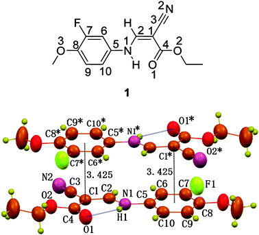 Part of the packing diagram of ethyl (2Z)-2-cyano-3-[(3-fluoro-4-methoxyphenyl)-amino]prop-2-enoate, 1, showing the formation of the double C⋯π interactions between C1 and C5–C10 ring with a C1⋯Cg distance of 3.425 Å (Cg is the centroid of the C5–C10 ring). Atoms marked with an asterisk (*) are at the symmetry position: −x, 1 − y, −z.