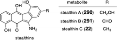 Structures of the stealthins A, B, and C (290, 291, and 22, respectively).