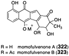 Structures of momfulvenones A (322) and B (323).