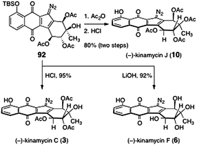 Completion of the syntheses of (−)-kinamycin C (3), (−)-kinamycin F (6), and (−)-kinamycin J (10) by Nicolaou and co-workers.