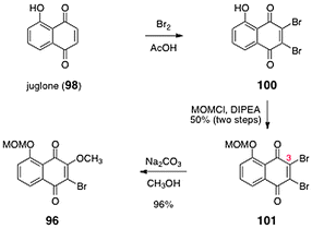 Synthesis of O-(methoxymethyl)-2-bromo-3- methoxyjuglone (96).