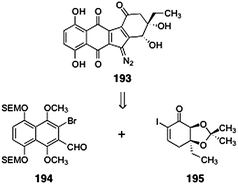 Retrosynthesis of the monomeric lomaiviticin aglycon 193 by Nicolaou and co-workers.