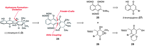 Porco's retrosynthetic analysis of (−)-kinamycin C (3).