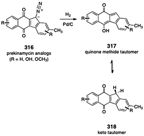 Diazofluorene reduction and tautomeric equilibria observed by Skibo and co-workers.