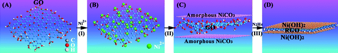 A schematic representation of the formation process of Ni(OH)2/reduced graphene oxide (RGO) composites. (A) GO sheet, (B) adding GO sheets into a supersaturated Ni(HCO3)2 solution, (C) amorphous NiCO3 particles are gradually grown on the GO sheet with the escape of CO2 from the supersaturated Ni(HCO3)2 solution, and (D) amorphous NiCO3 particles are simultaneously crystallized into Ni(OH)2 to form Ni(OH)2/RGO composites during the reduction process from GO to RGO.