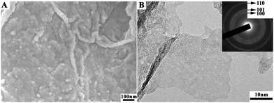 (A) SEM and (B) TEM images of Ni(OH)2/RGO composites transformed from the amorphous precursors.