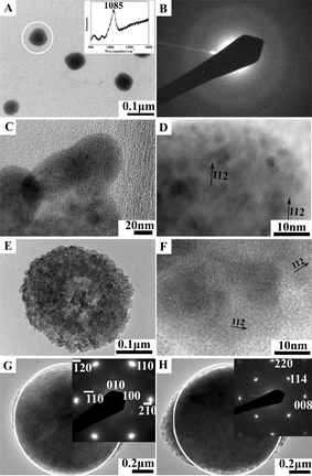 The formation of calcium carbonate particles under a DPPC monolayer at a surface pressure of 40 mN m−1 after reaction for various times: (A) TEM image and Raman spectrum (inset) of ACC particles formed after 0 h; (B) SAED pattern of the ACC particles in (A); (C) TEM image of the vaterite particles formed after 0 h; (D) HRTEM image of the vaterite particles in (C); (E) TEM image of the loosely-packed ellipsoidal particles formed after 0.5 h; (F) HRTEM image of the loose-packed ellipsoidal particles in (E); (G) a top-view TEM image and SAED pattern (inset) of the tightly-packed ellipsoidal particles formed after 1 h; (H) a side-view TEM image and SAED pattern (inset) of the tightly-packed ellipsoidal particles formed after 1 h. In taking the SAED patterns shown in the inset of Fig. 4B, G and H, the electron beam was 110 nm, 1 μm and 1 μm in diameter, respectively, and directed to the whole particle under examination, which are marked by white hollow circles in A, G and H. Reproduced with permission from ref. 72. Copyright 2010, the American Chemical Society.