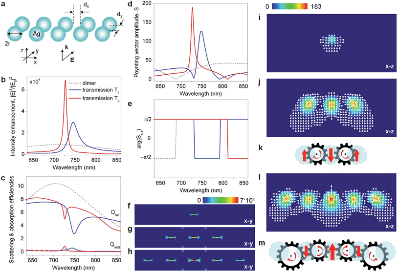 External plasmonic vortex nanogear transmissions. (a) Schematic of a linear chain of Ag nanoparticle dimers (r = 50 nm, dx = 10 nm, dy = 3 nm, ambient index n = 1.33). Wavelength spectra of the electric field intensity enhancement in the gap of the central dimer (b), the far-field scattering and absorption efficiencies (c), the Poynting vector amplitude (d) and the phase of the Poynting vector in the x–z plane (e) in the gap of the central dimer of the nanostructures composed of three (solid blue lines) and five (solid red lines) nanodimers. The corresponding spectra of a single dimer are shown as dashed grey lines. The structures are illuminated by a plane wave with the electric field polarized along the dimer axes. Electric field intensity distribution in the gaps of a single dimer (f), three-dimer chain T1 (g), and five-dimer chain T2 (h). Poynting vector intensity distribution and powerflow through the gaps of the dimer (i), T1 (j) and T2 (l). Schematics of the VNTs generated in T1 (k) and T2 (m) at their resonant wavelengths. Light flux in each nanogear is looped between the particles.