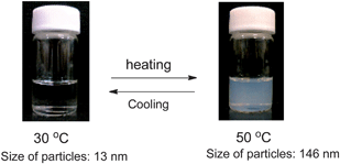 Photographs of tert-butyl alcohol solutions of RF–(AMPS)x–(Ad-HAc)y–RF (6 g dm−3) possessing a LCST characteristic.