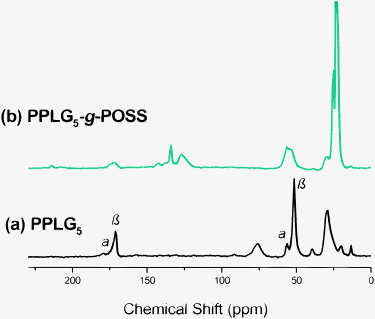 
            13C solid state NMR spectra of (a) PPLG5 and (b) PPLG5-g-POSS.