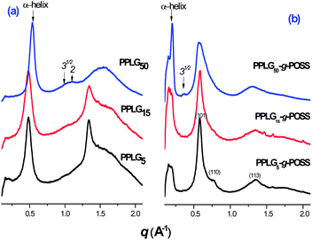 
            WAXD patterns (recorded at 393 K) of (a) PPLG and (b) PPLG-g-POSS species featuring with different degrees of polymerization.