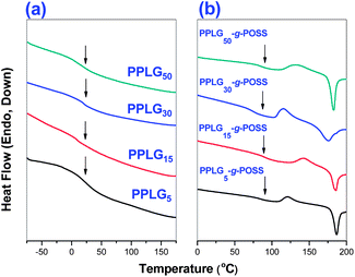 
            DSC traces (second heating runs) of (a) PPLG and (b) PPLG-g-POSS.