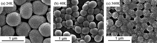 
            SEM images obtained for PHPMA/SiO2 particles prepared using a PVP stabilizer with a molecular weight of either 24 K, 40 K or 360 K combined with fixed amounts of silica (1.05 g) and PVP (0.50 g): (a) 24 K (entry 1 in Table 1); (b) 40 K (entry 2 in Table 1); (c) 360 K (entry 3 in Table 1).