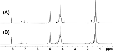 
          1H NMR spectra of PUs prepared by reacting MDI (A, entry 6) or PPDI (B, entry 7) with PPC-diol prepared by feeding terephthalic acid as a chain transfer agent.