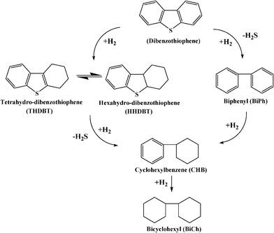 Pathways for the HDS of DBT at 300 °C and 102 atm in the presence of CoMo/Al2O3.28