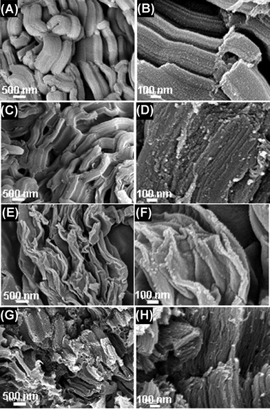 Low and high magnification FESEM of the samples. (A and B, SBA-15; C and D, Carbon prepared by conventional synthesis; E and F, Carbon obtained by microwave treatment for 15 min; G and H, Carbon obtained by microwave treatment for 30 min.)