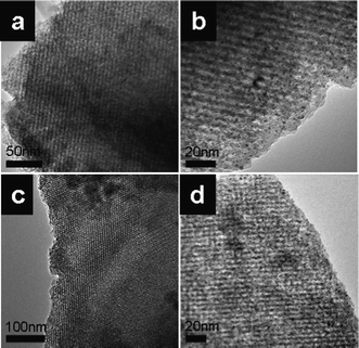 
          TEM images of the D-AMS-Pd catalyst: (a, b) the D-AMS-Pd catalyst, (c, d) the D-AMS-Pd catalyst after used in catalytic reduction of 4-nitrophenol.