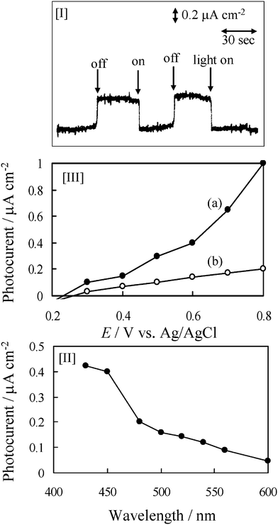 Photocurrent [I] on the TiO2 film in the presence of benzyl alcohol under λ > 420 nm, Jph–V characteristics [II] in the presence (a) and absence (b) of benzyl alcohol under λ > 420 nm; and dependence [III] of the light wavelength photo-irradiated on the photocurrent. The spectra in [I] and [III] were recorded at +0.6 V vs.Ag/AgCl.