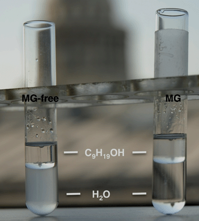 Behaviour of aluminosilicate powders in a water/nonanol biphasic system: MG-free sample is easily dispersed in the bottom aqueous medium (left) whereas the MG-templated sample localizes in the top organic layer.