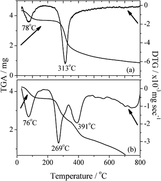 
          TGA and DTG of (a) chitosan and (b) chitosan-g-PAM-g-PDMC.