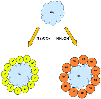 Origin of surface charge on TiO2 catalysts after base precipitation.