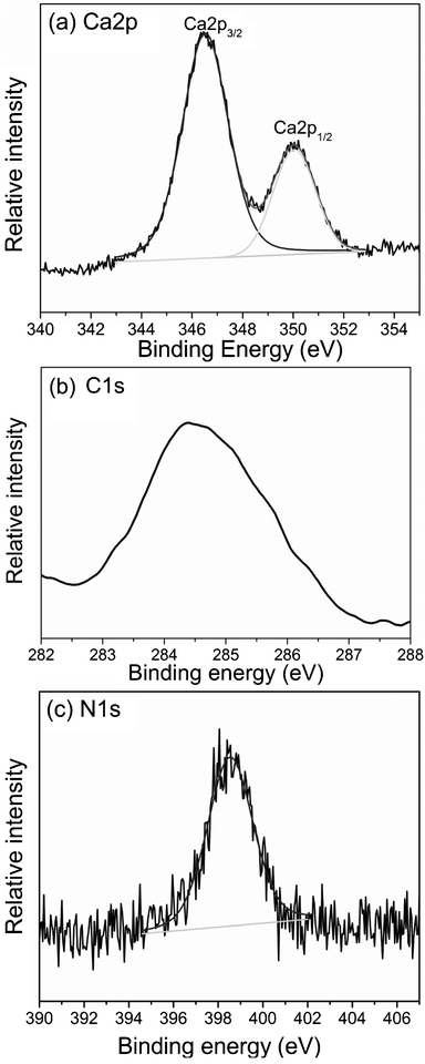 
            XPS spectra of (a) Ca2p, (b) C1s and (c) N1s of the as-prepared composite film of CaCO3–chi nanofibers deposited onto a SS substrate.