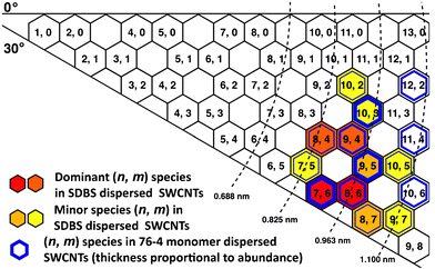 Chirality map of HiPco SWCNTs dispersed by SDBS and peptide 76-4. Red and orange hexagons are dominant (n, m) species of SDBS-dispersed SWCNTs. The thickest blue hexagons are dominant (n, m) species of 76-4-dispersed SWCNTs. The relative abundance is deduced from Fig. 9.