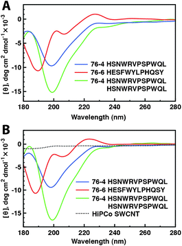 The secondary structure of SWCNT-binding peptides. (A) CD spectra of free peptides 76-4, 76-6, and a dimer of 76-4 in water at neutral pH. (B) CD spectra of peptides 76-4, 76-4 dimer, 76-6 after dispersing SWCNTs in water at neutral pH.