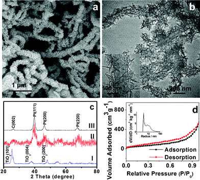 
          SEM (a) and TEM (b) images of CNT@TiO2.The inset of (b) shows the corresponding CNT@TiO2 hierarchical structure. (c) XRD patterns of CNT@TiO2 and the corresponding Pt catalyst (samples I: CNT@TiO2, II: Pt/CNT@TiO2, III: Pt/CNT). (d) N2 adsorption desorption isotherms of CNT@TiO2, The inset shows the pore size distribution calculated by the Barrett–Joyner–Halenda (BJH) method from the desorption branch.