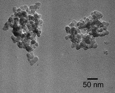 
            TEM image of (BEDT-TTF)2I3–silica hybrid (BEDT-TTF : silica = 1 : 2 w/w) prepared by doping in hexane.