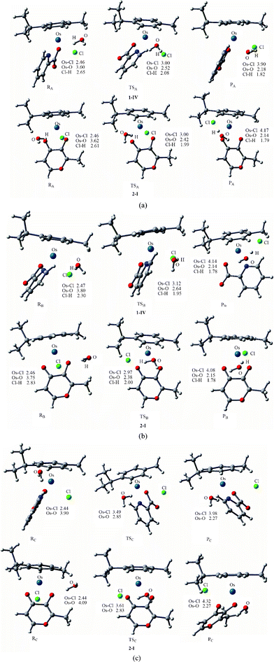 Optimized structures of the species (at B3LYP/B1 level) involved in the side attack A (a), side attack B (b) and back attack C (c). Bond length values are given in Å.