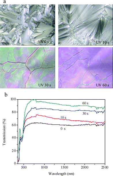 Polarized optical micrographs (a), magnification: 400, and transmission spectra (b) of the sample LC–A–B1 (96% of 8CB, 1% of BD, 3% of AB) under UV irradiation for 0, 10, 30, and 60 s, at 28 °C.