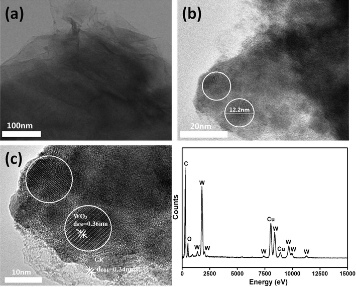 
          TEM images of WO3@GR in different resolutions (a, b, and c) and EDX images.