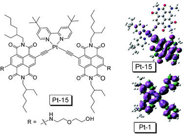 
            Pt(ii) complexes with Naphthalenediimide (NDI) acetylide (Pt-15). The spin density distributions of Pt-15 and the model complex Pt-1 are also presented. DFT calculation was performed at B3LYP/6-31G/LANL2DZ level with Gaussian 09W. Please note that the alkyl chains of Pt-NDI were simplified as methyl groups to reduce the computation time. Adapt from ref. 23a with permission.