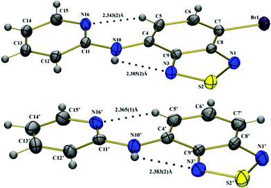 Molecular structures of the BTD–Br (top) and BTD–H (bottom) showing crystallographic labeling. The dotted lines denote H–bonds.