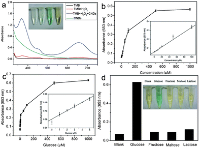 (a) UV-vis spectra of TMB solutions under different conditions in pH 4.0 NaOAc buffer: TMB; TMB+H2O2; TMB+H2O2+CNDs; CNDs. Inset: the corresponding photographs (from left to right). (b) and (c) show the dependence of the absorbance at 653 nm on the concentration of H2O2 and glucose, respectively. The insets are the corresponding linear calibration plots. (d) Determination of the selectivity of glucose detection with 5 mM lactose, 5 mM fructose, 5 mM maltose, and 1 mM glucose. Inset: the color change with the different solutions. ([TMB] = 0.1 mM, [H2O2] = 44 mM, [CNDs] = 1 mg mL−1).