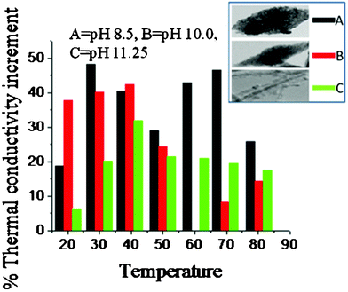 Temperature dependence of the thermal conductivity enhancement of CuO-water nanofluids prepared from different CuO nanoparticles. The synthesis pH and the corresponding shapes of the particles are provided in the inset.