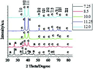 
            XRD patterns of the CuO nanoparticles synthesized by annealing the obtained precipitates of Cu(OH)2 at a temperature of 130 °C for 10 h. Only the peaks corresponding to CuO are designated with corresponding hkl values in the plot. The corresponding pH values are shown in the inset. The patterns are shifted for clarity.