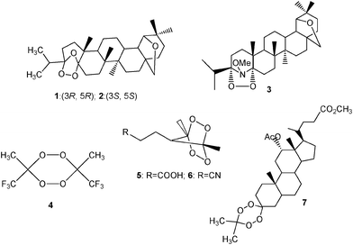 Structures of the 1,2,4-trioxolanes 1 and 2, the 1,2-dioxazolidine 3, and the 1,2,4,5-tetroxanes 4–7.