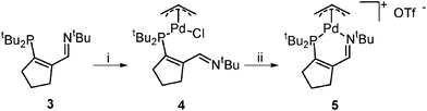 
          Metallation of 3 yielding the palladium complexes 4 and 5. Legend: (i) 0.5 eq. [Pd(allyl)Cl]2, CH2Cl2, 25 °C, 1 h; (ii) 1.0 eq. AgOTf, CH2Cl2/toluene (3 : 1), 25 °C, 4 h.