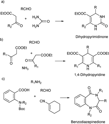 Preparation of privileged scaffolds by (a) Biginelli reaction, (b) Hantzsch synthesis and (c) Ugi deBoc/cyclize methodology.