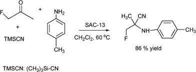 Strecker reaction of monofluoroacetone, p-toluidine and TMSCN.