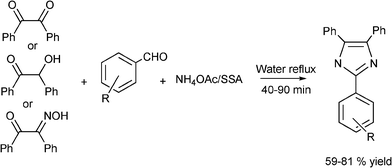 Synthesis of 2,4,5-triarylimidazol from benzil or benzoin or benzylmonoxime, aldehyde and ammonium acetate in the presence of silica sulphuric acid (SSA) catalyst.