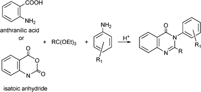 MC synthesis of 2,3-disusbtituted-4-(3H)-quinazolinones from anthranilic acid or isatoic anhydride, orthoesters and amines.