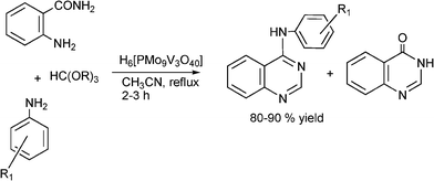 Multicomponent synthesis of 4-arylaminoquinazolines from reaction of 2-aminobenzamide, aniline derivative and orthoesters.